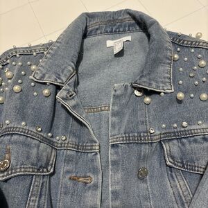 Forever 21 Light Blue Pearl-Embellished Denim Jacket